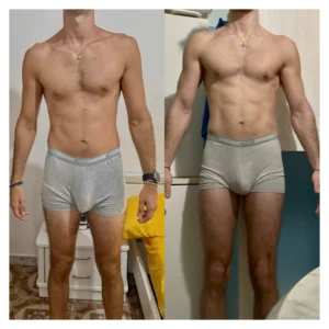 Trasformazione fisica uomo – vista laterale prima e dopo: marcata riduzione del grasso addominale e dimagrimento visibile