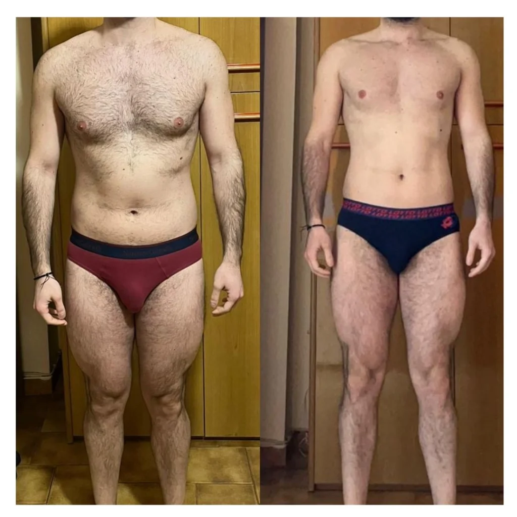 Trasformazione corporea uomo – confronto frontale prima e dopo: aumento della massa muscolare e definizione del torace